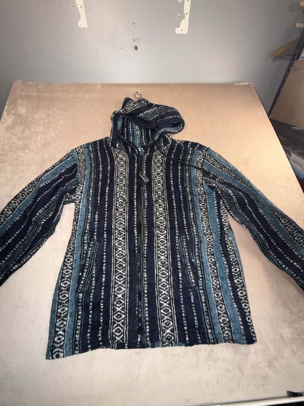 Hippie Baja Zip-Up Hoodie Jacket Size M Blue Striped Cotton (box B3-7)